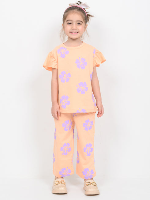 Frill Sleeves Floral Breeze Cotton Trouser Set (Peach)