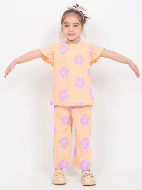 Frill Sleeves Floral Breeze Cotton Trouser Set (Peach)