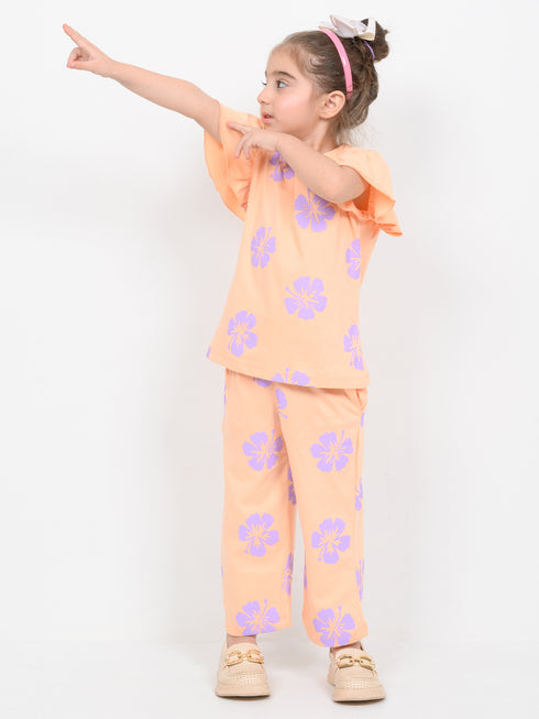 Frill Sleeves Floral Breeze Cotton Trouser Set (Peach)