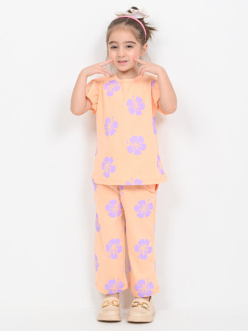 Frill Sleeves Floral Breeze Cotton Trouser Set (Peach)