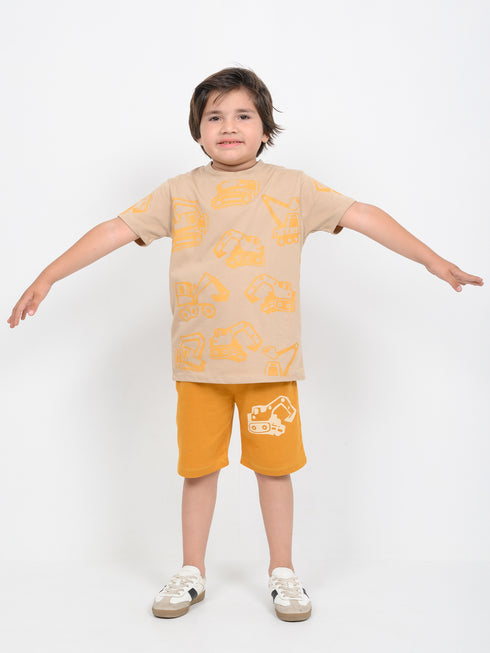 Mini Builder Cotton Short Set (Beige & Musturd)