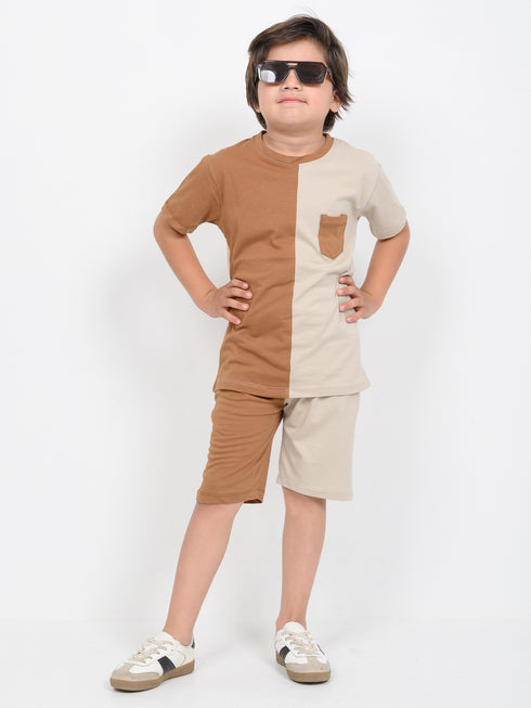 Tiny Colorblock Cotton Short Set (Brown & Beige)