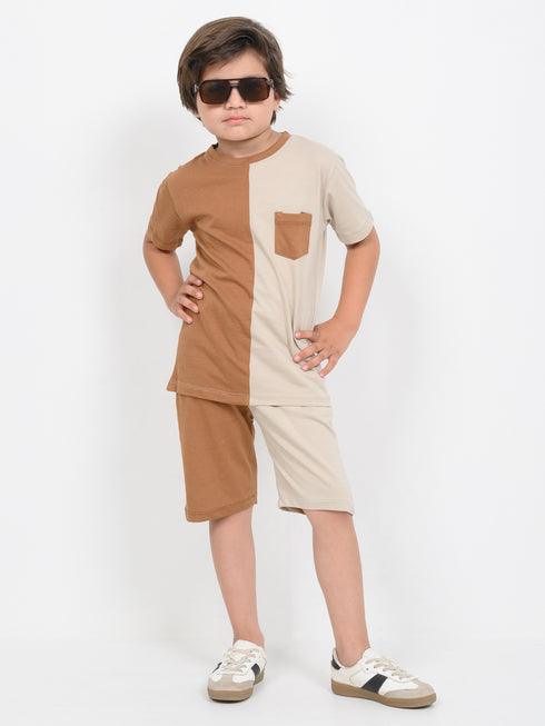 Tiny Colorblock Cotton Short Set (Brown & Beige)
