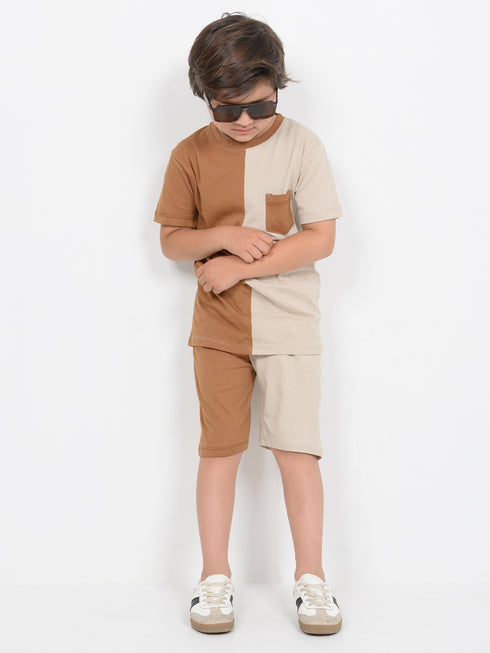Tiny Colorblock Cotton Short Set (Brown & Beige)
