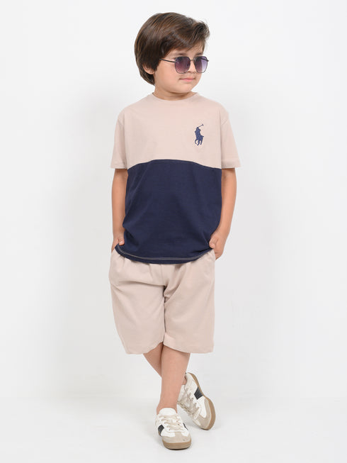 The Little Legend Cotton Short Set (Beige & Navy)