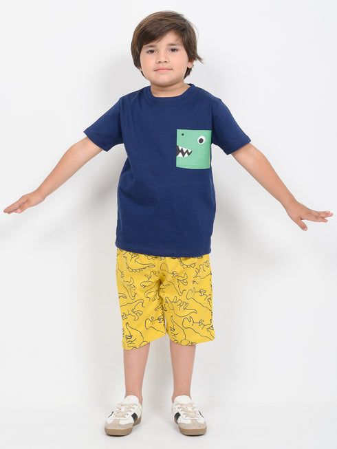 Peek-a-Saurus Pocket Cotton Short Set (Navy Blue & Yellow)
