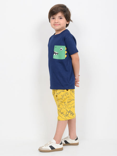 Peek-a-Saurus Pocket Cotton Short Set (Navy Blue & Yellow)