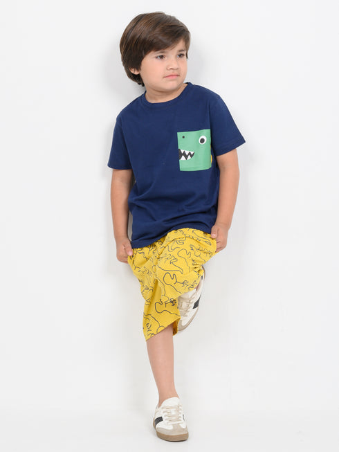 Peek-a-Saurus Pocket Cotton Short Set (Navy Blue & Yellow)