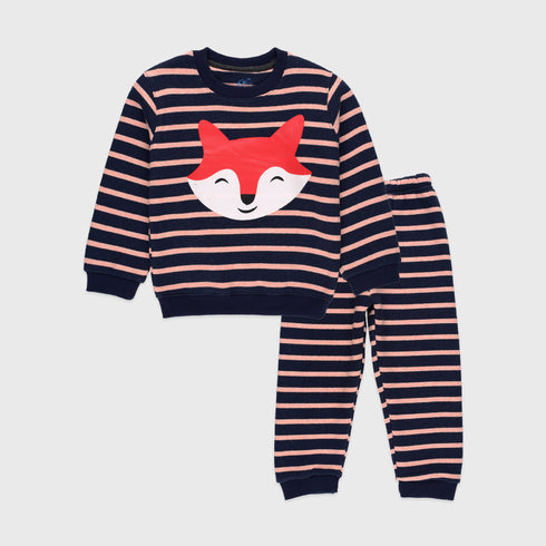 Fox Printed Striped Fleece Tracksuit (Peach/Navy)
