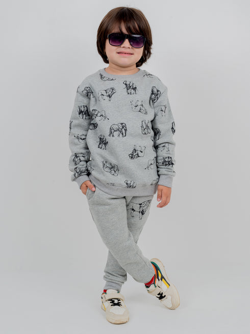 Animals Allover Printed Fleece Suit (Grey)
