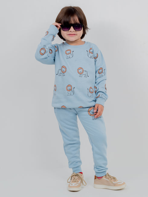 Lion Allover Printed Fleece Suit (Sky Blue)