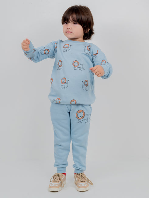 Lion Allover Printed Fleece Suit (Sky Blue)