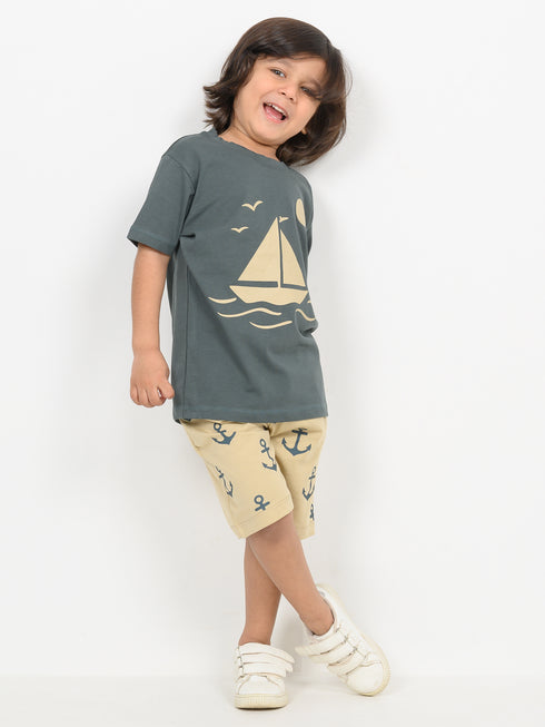 Little Sailor Cotton Short Set (Dark Green & Beige)