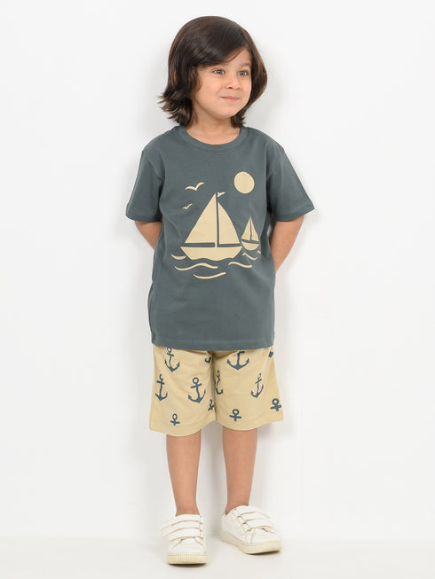 Little Sailor Cotton Short Set (Dark Green & Beige)