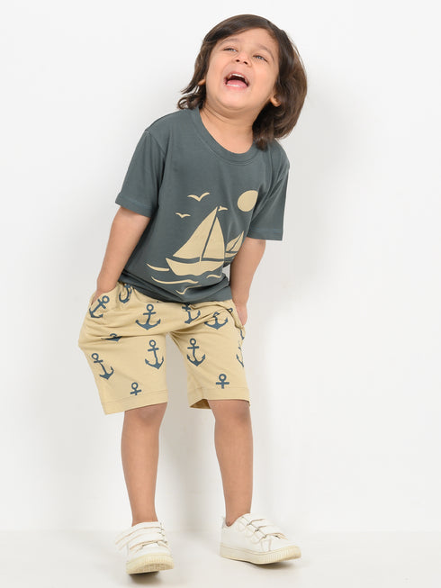 Little Sailor Cotton Short Set (Dark Green & Beige)