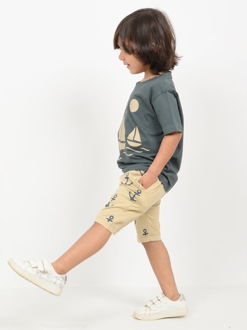 Little Sailor Cotton Short Set (Dark Green & Beige)