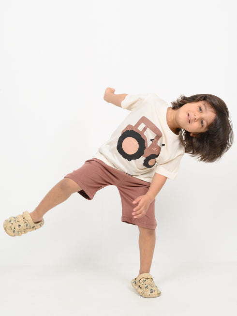 The Rustic Roller Cotton Short Set (Cream & Brown)