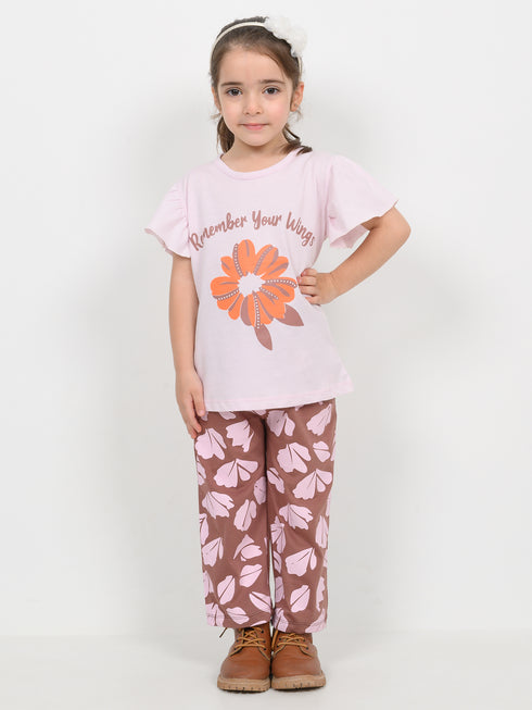 Frill Sleeves Remember Your Wings Cotton Trouser Set (Soft Cream & Brown)