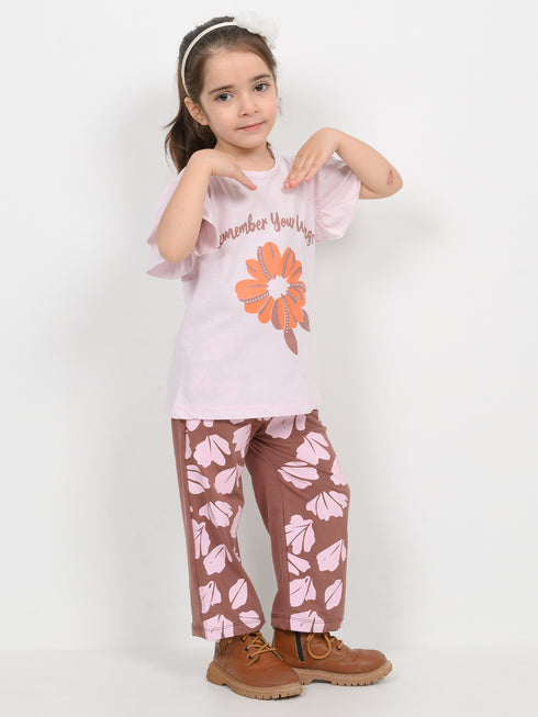 Frill Sleeves Remember Your Wings Cotton Trouser Set (Soft Cream & Brown)