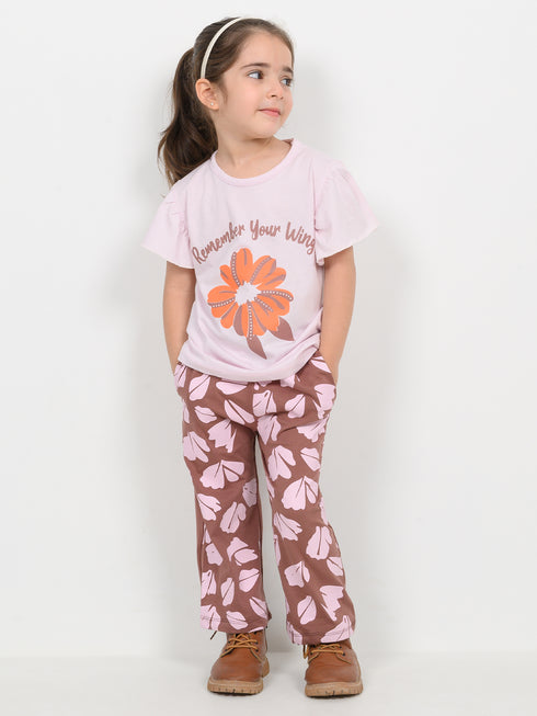 Frill Sleeves Remember Your Wings Cotton Trouser Set (Soft Cream & Brown)