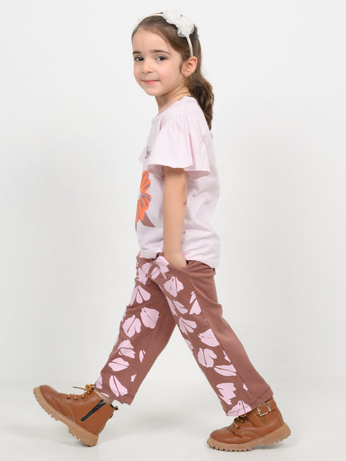Frill Sleeves Remember Your Wings Cotton Trouser Set (Soft Cream & Brown)