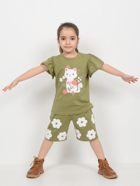Frill Sleeves Kitty Bloom Cotton Short Set (Soft Green)