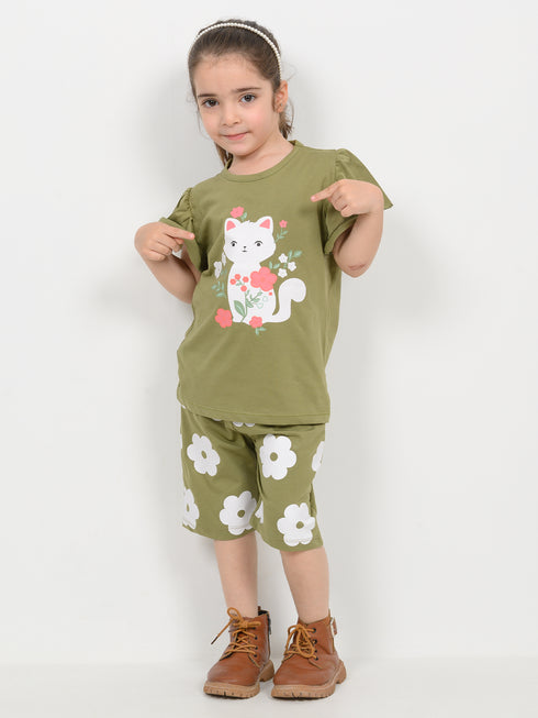 Frill Sleeves Kitty Bloom Cotton Short Set (Soft Green)