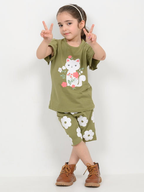 Frill Sleeves Kitty Bloom Cotton Short Set (Soft Green)