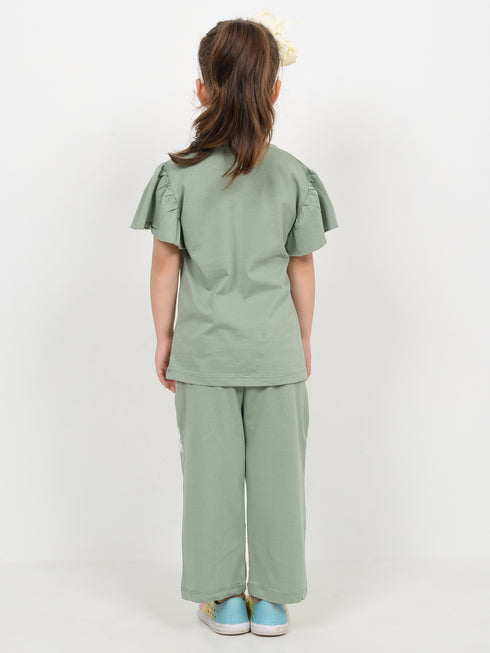 Frill Sleeves Daisy Meadow Cotton Trouser Set (Soft Green)