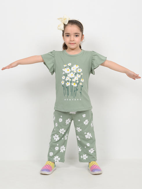 Frill Sleeves Daisy Meadow Cotton Trouser Set (Soft Green)