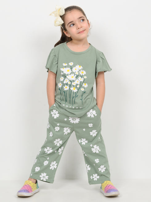 Frill Sleeves Daisy Meadow Cotton Trouser Set (Soft Green)