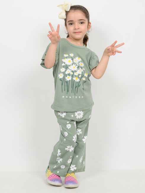 Frill Sleeves Daisy Meadow Cotton Trouser Set (Soft Green)