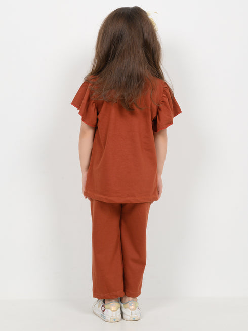 Frill Sleeves Ribbon Bow Cotton Trouser Set (Rust Brown)