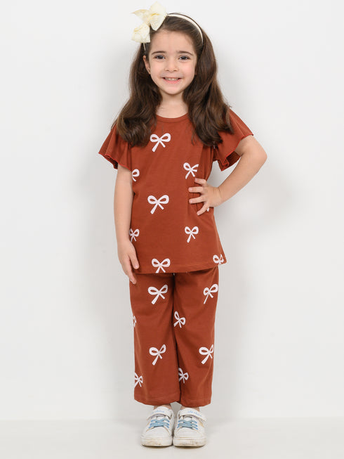 Frill Sleeves Ribbon Bow Cotton Trouser Set (Rust Brown)