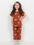 Frill Sleeves Ribbon Bow Cotton Trouser Set (Rust Brown)