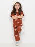 Frill Sleeves Ribbon Bow Cotton Trouser Set (Rust Brown)