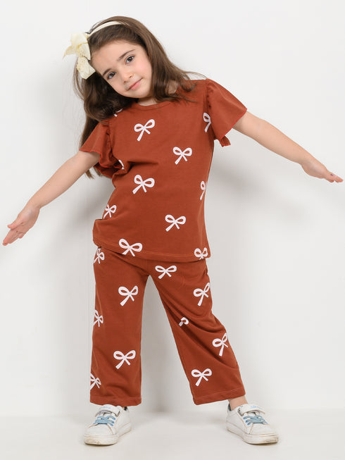 Frill Sleeves Ribbon Bow Cotton Trouser Set (Rust Brown)
