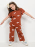 Frill Sleeves Ribbon Bow Cotton Trouser Set (Rust Brown)