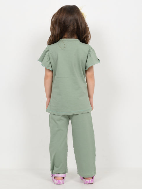 Frill Sleeves Sunny Kitty Cotton Trouser Set (Soft Green)