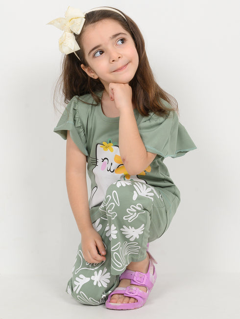 Frill Sleeves Sunny Kitty Cotton Trouser Set (Soft Green)