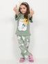 Frill Sleeves Sunny Kitty Cotton Trouser Set (Soft Green)
