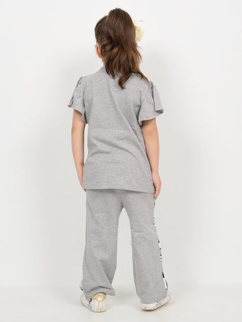 Frill Sleeves Sweet Snoopy Cotton Trouser Set (Light Grey)