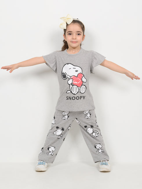 Frill Sleeves Sweet Snoopy Cotton Trouser Set (Light Grey)