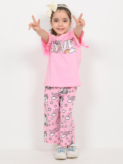 Frill Sleeves Unicorn Love Cotton Trouser Set (Baby Pink)