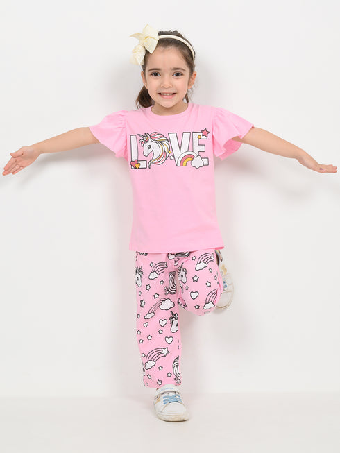 Frill Sleeves Unicorn Love Cotton Trouser Set (Baby Pink)