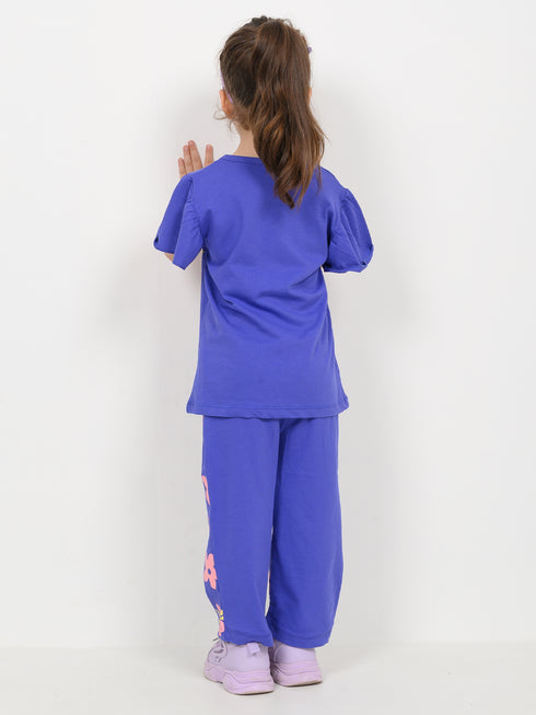 Frill Sleeves Floral Themed Cotton Trouser Set (Royal Blue)