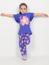Frill Sleeves Floral Themed Cotton Trouser Set (Royal Blue)