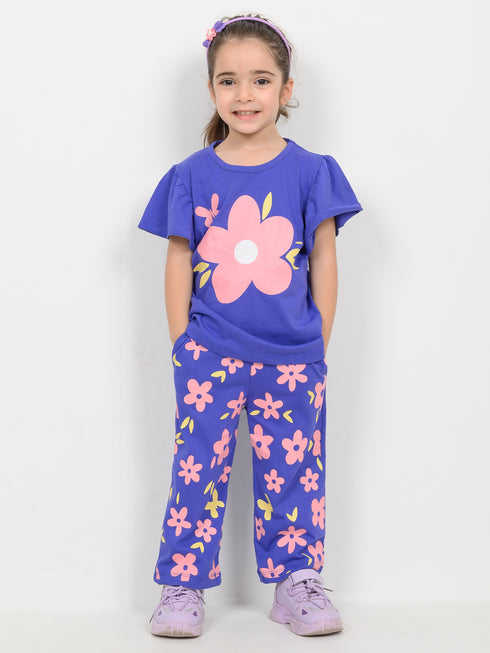 Frill Sleeves Floral Themed Cotton Trouser Set (Royal Blue)