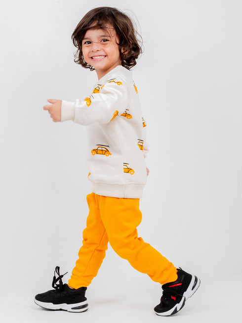 Cars Allover Printed Fleece Suit (Off-White/Mustard)