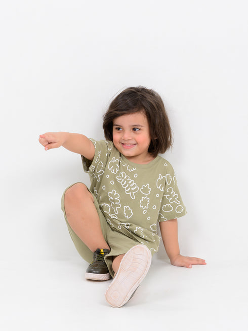 Oversized Leaflet Play Cotton Short Set (Olive Mist)